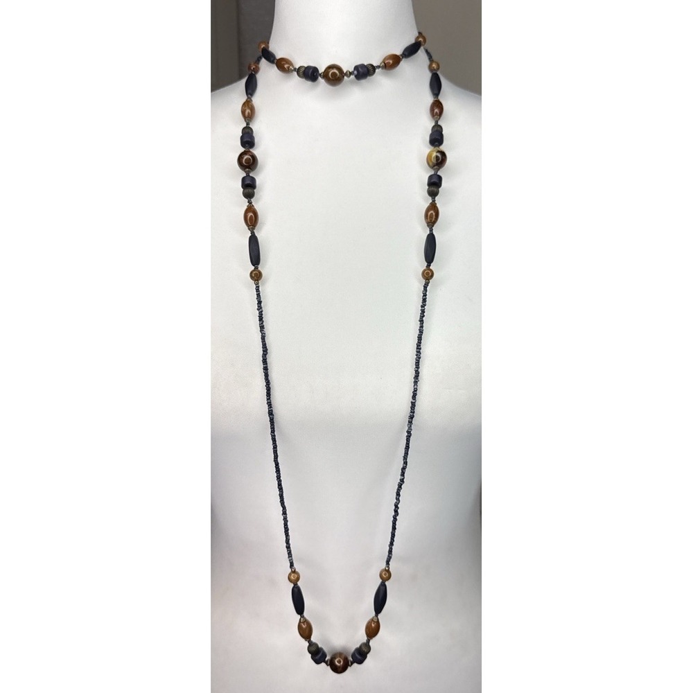 Vintage Layered Bead Necklace Brown Blue Acrylic Resin Double Strand Boho